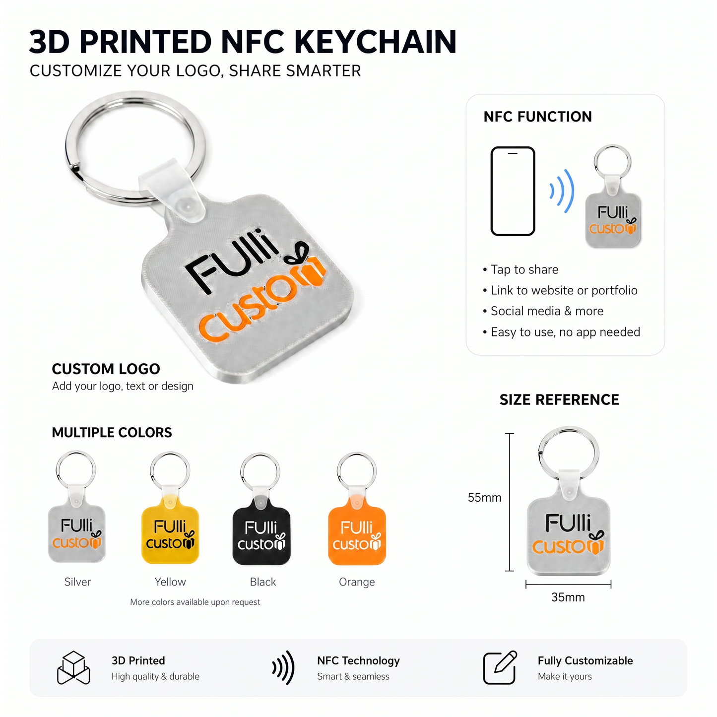 Custom 3D Printed Logo Keychain | Personalized Business Logo Keychain | Custom Text & Artwork | Promotional Gift
