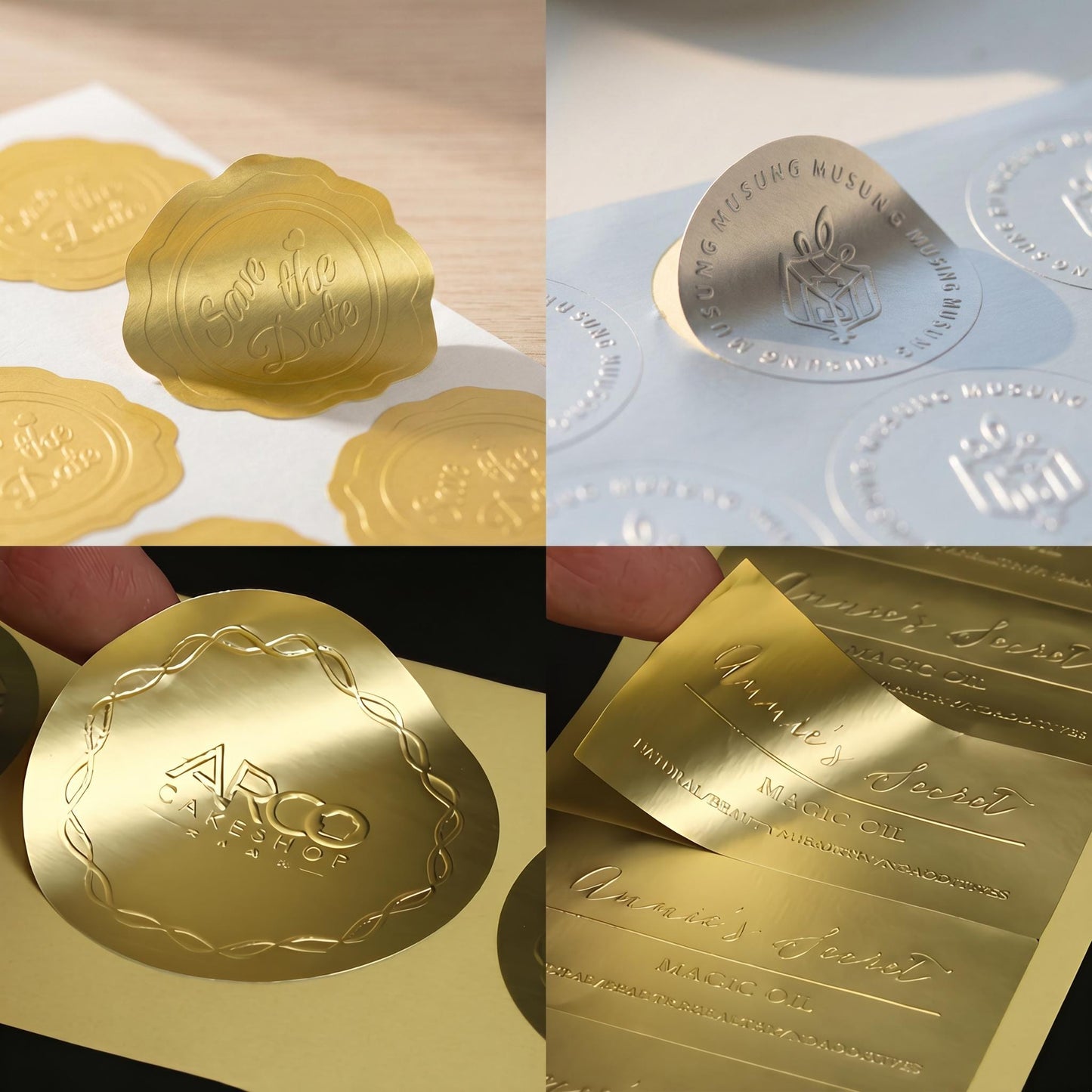 Custom Clear Metal Stickers _ Made to Order _ Gold Silver Foil _ Embossed Printed Clear _ Your Logo